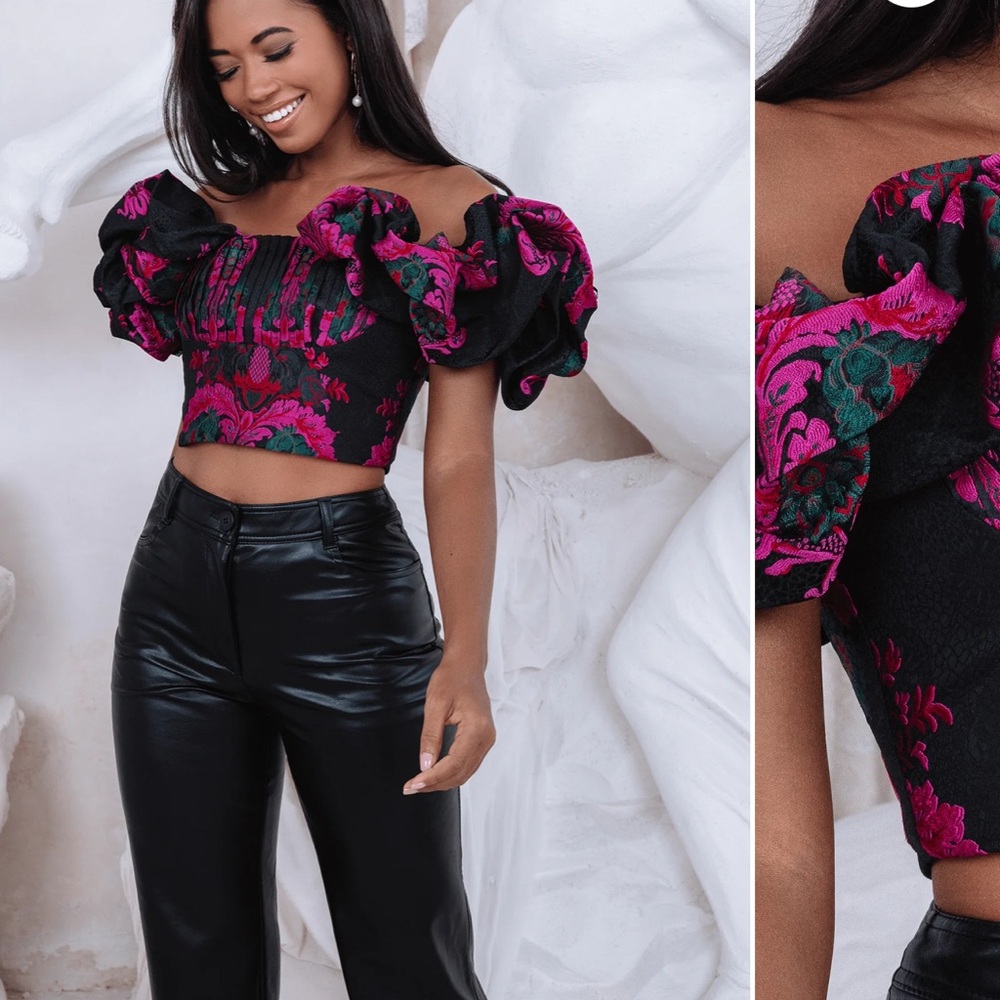 Lavish Alice MARA jacquard Black and Pink Floral Crop Top bustier puff slv 4 XS